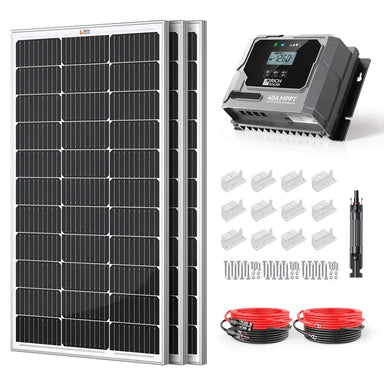 Rich Solar 300W 12V off-grid solar kit featuring three 100W solar panels, a 40A MPPT charge controller, mounting Z-brackets, hardware, and solar extension cables.