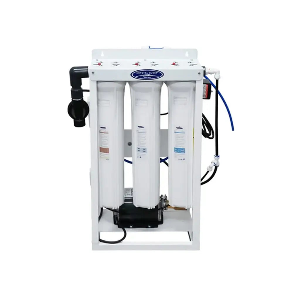 300 GPD Crystal Quest whole house RO system featuring a brass rotary vane pump and white filter housings.