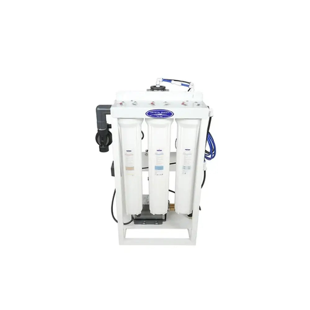 Compact 300 GPD Crystal Quest standalone reverse osmosis system with three white filter canisters for residential water treatment.