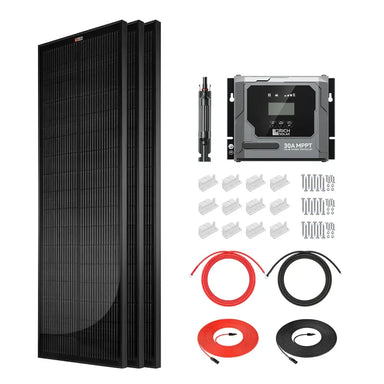 Rich Solar 300W Slim Solar Kit components including three slim solar panels, 30A MPPT charge controller, mounting Z-brackets, and connecting cables.