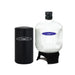 Large Crystal Quest commercial water softener filtration system with a wide white resin tank and black salt storage tank.