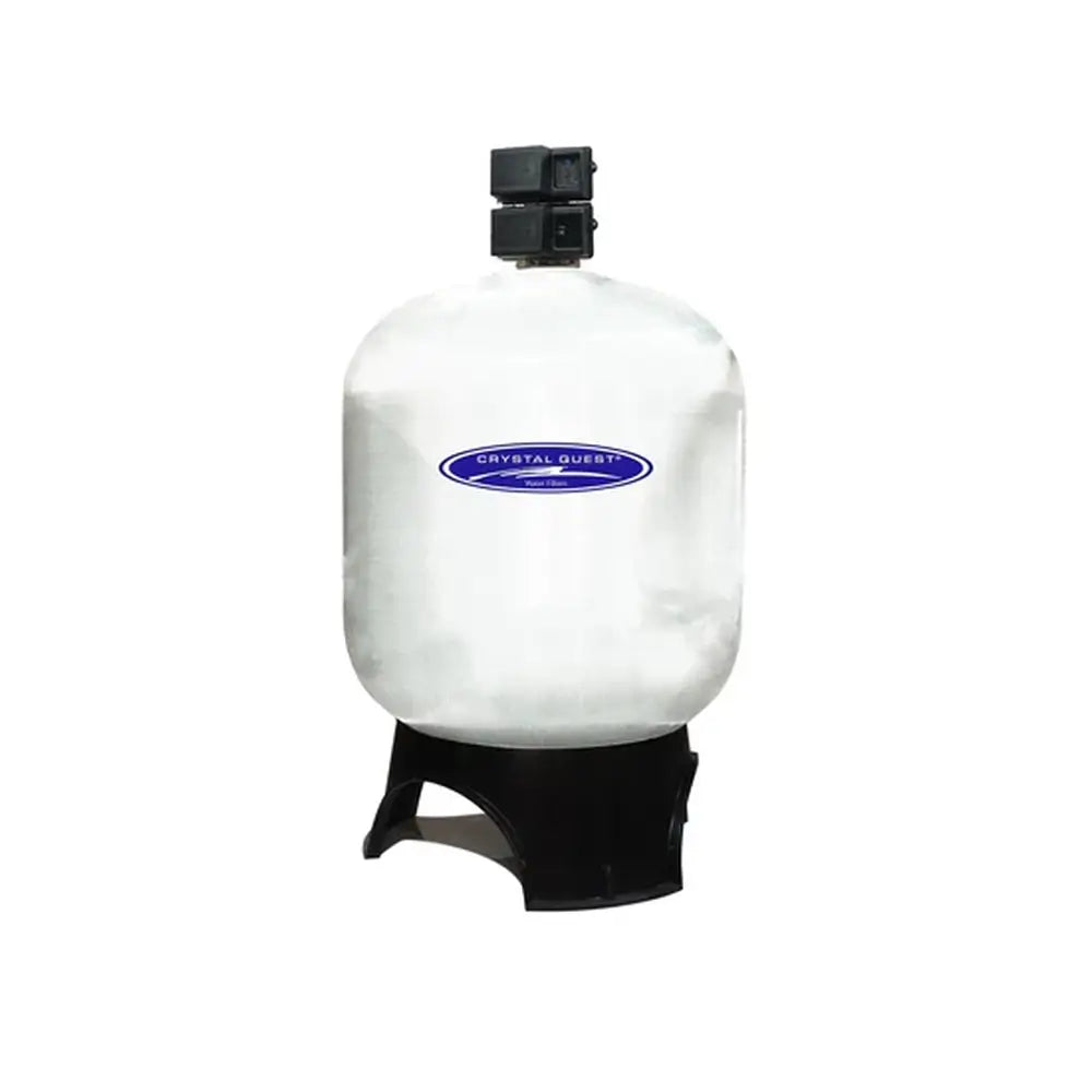 Crystal Quest demineralizing water filtration system with white mineral tank and raised black base.