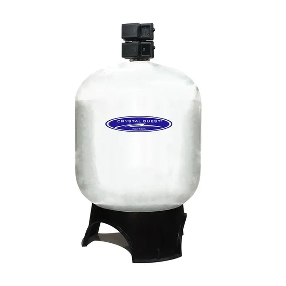 Crystal Quest SMART GAC Commercial Filtration System rounded white tank on black stand.