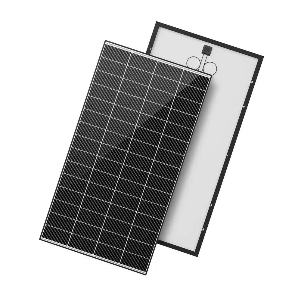 Front and back view of Renogy 320W N-Type Monocrystalline Solar Panel showing the sleek black cell grid design and rear junction box layout.
