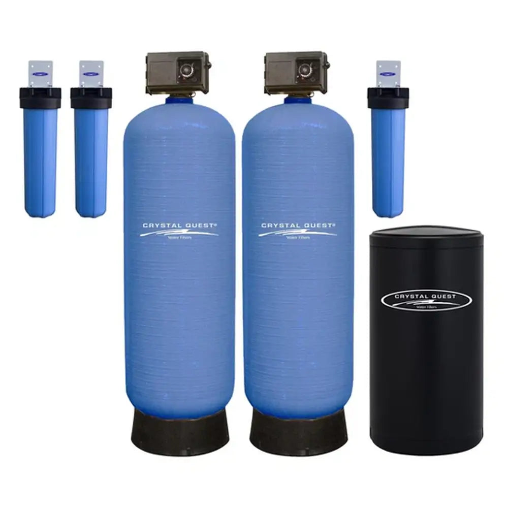 Crystal Quest High Flow Water Filtration system with two large blue tanks, three filters, and black brine tank.