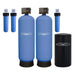 Crystal Quest High Flow Water Filtration system with two large blue tanks, three filters, and black brine tank.