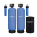 Crystal Quest High Flow Water Filtration system with two large blue tanks, two cartridge filters, and black tank.