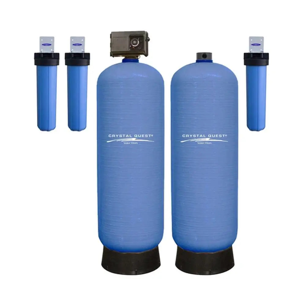 Crystal Quest High Flow Water Filtration system with twin large blue tanks and three cartridge filters.