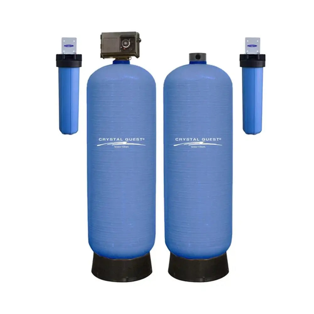 Crystal Quest High Flow Water Filtration system with two large blue media tanks and two side filters.