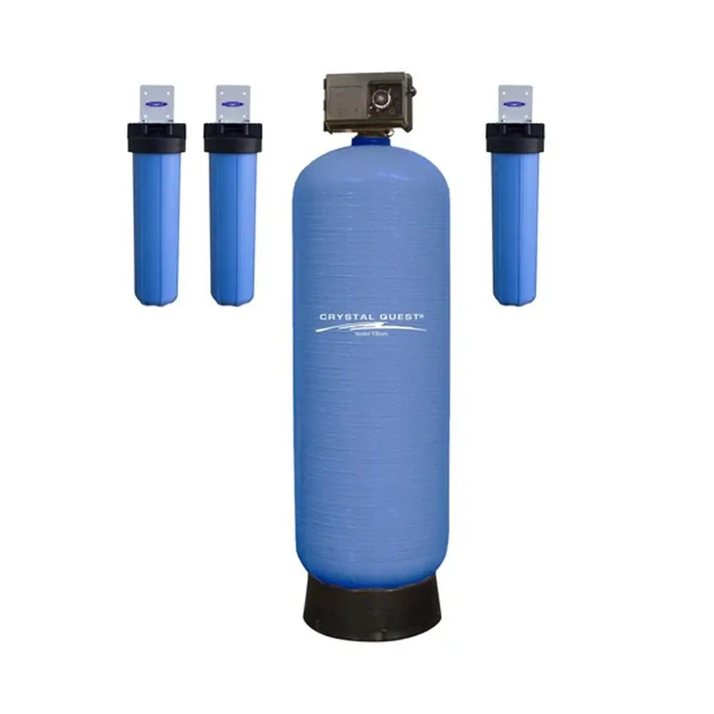 Crystal Quest High Flow Water Filtration system with one large blue tank and three cartridge filters.