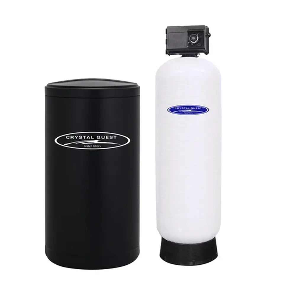 Professional-grade Crystal Quest water softening system with a tall white filtration tank and a black brine storage tank.