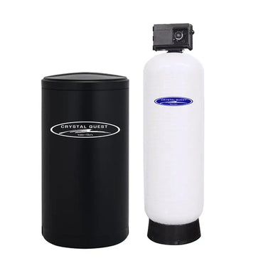 Professional-grade Crystal Quest water softening system with a tall white filtration tank and a black brine storage tank.