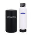 Professional-grade Crystal Quest water softening system with a tall white filtration tank and a black brine storage tank.