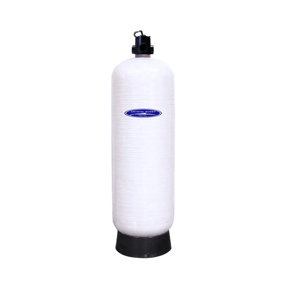 Ribbed Crystal Quest demineralizing water filtration system with white tank and black base for stable and efficient filtration.