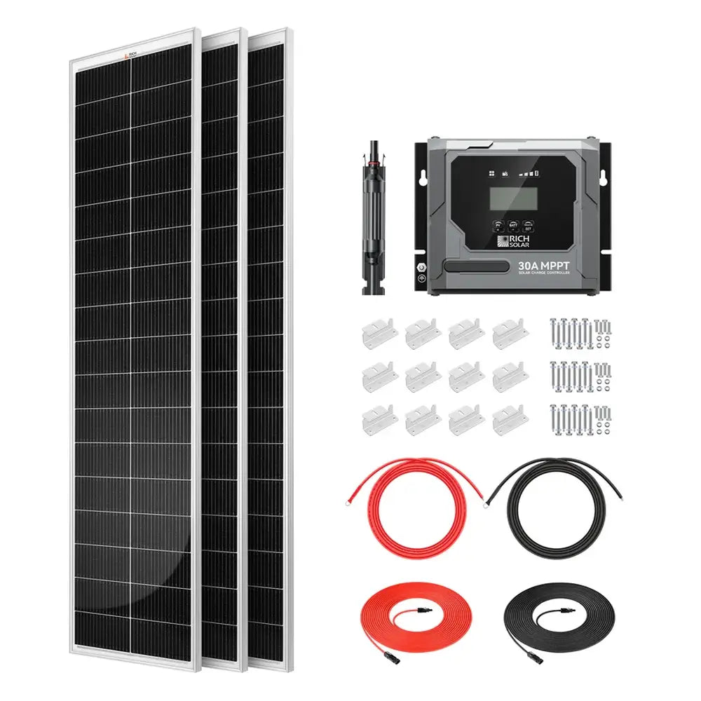 Rich Solar 390W Slim Solar Kit with three slim solar panels, 30A MPPT charge controller, mounting brackets, and wiring cables.