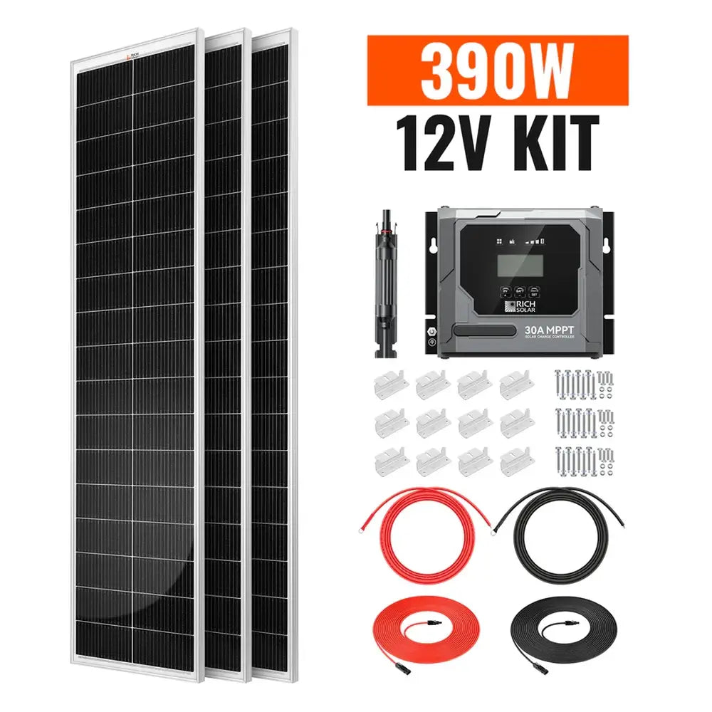 Rich Solar 390W 12V Kit product bundle featuring three 130W slim solar panels, MPPT solar charge controller, and installation hardware.