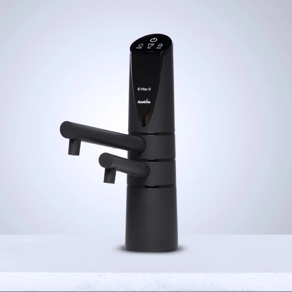 Matte black AlkaViva Delphi H2 ionizer faucet on light background
