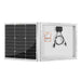 Side-by-side front grid and back view of Rich Solar MEGA 50W solar panel showcasing output cables and specification label.