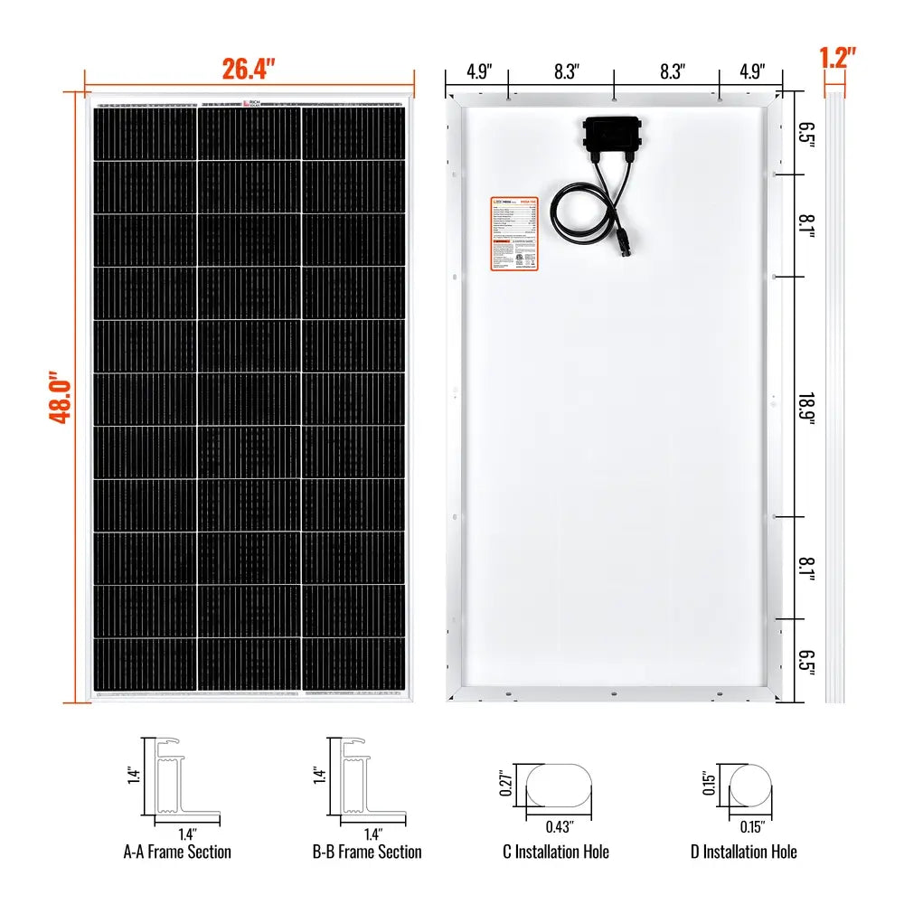Technical dimensional diagram of the Rich Solar MEGA 150W solar panel showing full measurements, frame sections, and mounting hole layouts.