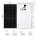 Technical dimensional diagram of the Rich Solar MEGA 150W solar panel showing full measurements, frame sections, and mounting hole layouts.