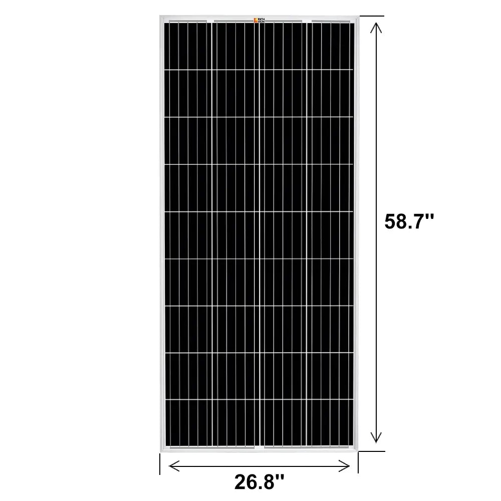 Front view of the Rich Solar 200W solar panel with dimensions marked at 58.7 inches by 26.8 inches.