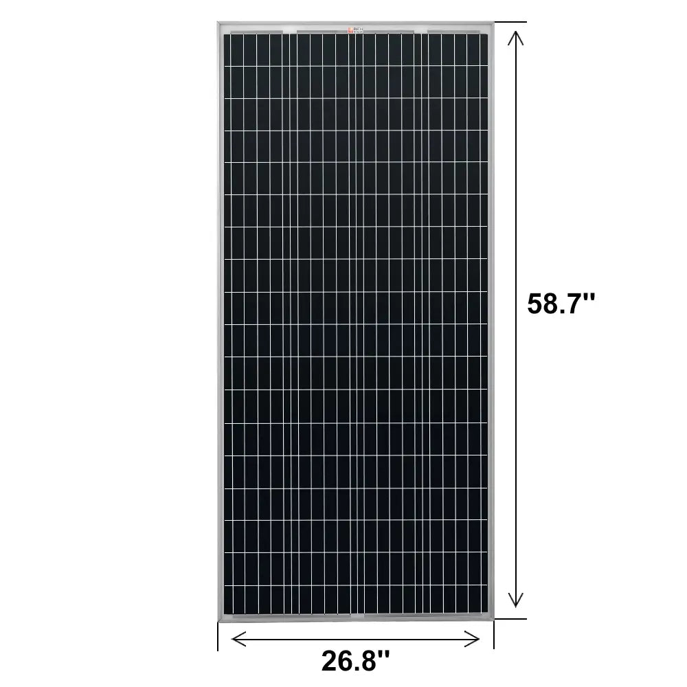 Physical dimensions diagram of the Rich Solar MEGA 200 PRO solar panel measuring 58.7 inches by 26.8 inches.