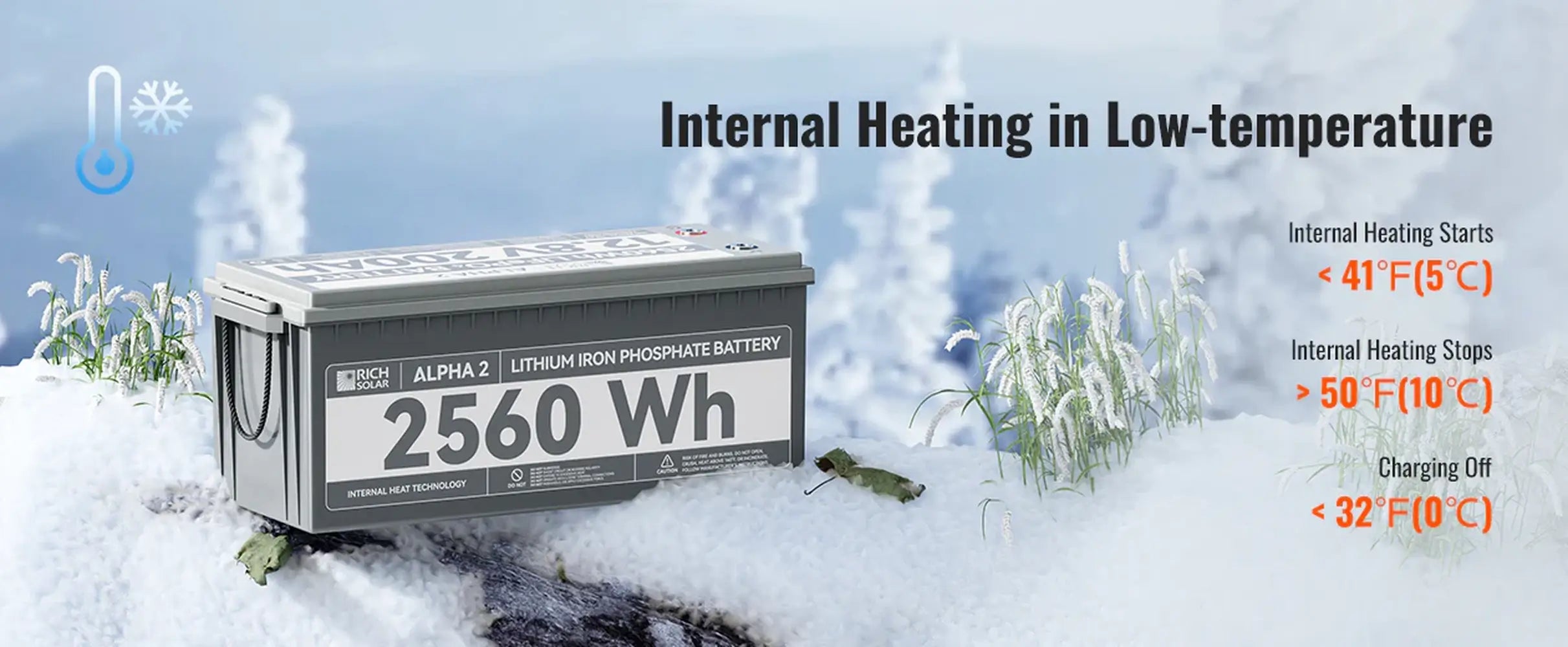 Rich Solar Alpha 2 2560Wh heated lithium battery sitting in snow with low-temperature specifications showing internal heating activation below 41°F (5°C) and charging cut-off below 32°F (0°C).