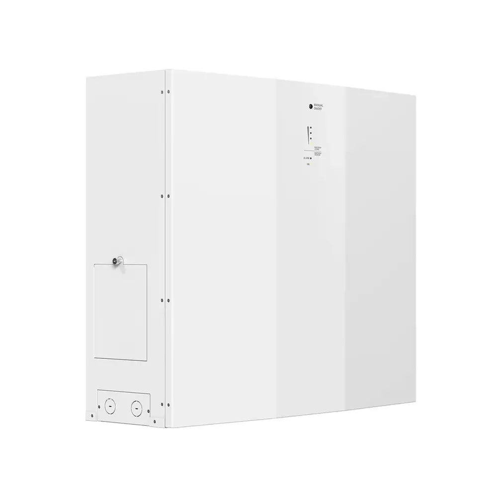 Angled front and side perspective view of a minimalist Rich Solar solar battery storage module.