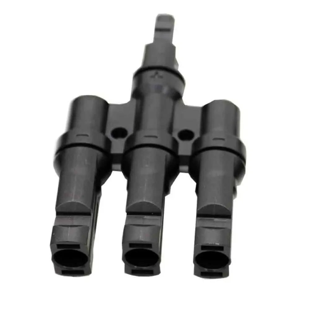 AIMS Power MC4 3-to-1 branch connector close-up showing three black solar cable input ports merging into a single output connector for parallel photovoltaic panel wiring.