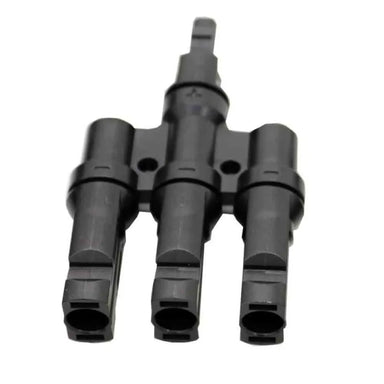 AIMS Power MC4 3-to-1 branch connector close-up showing three black solar cable input ports merging into a single output connector for parallel photovoltaic panel wiring.