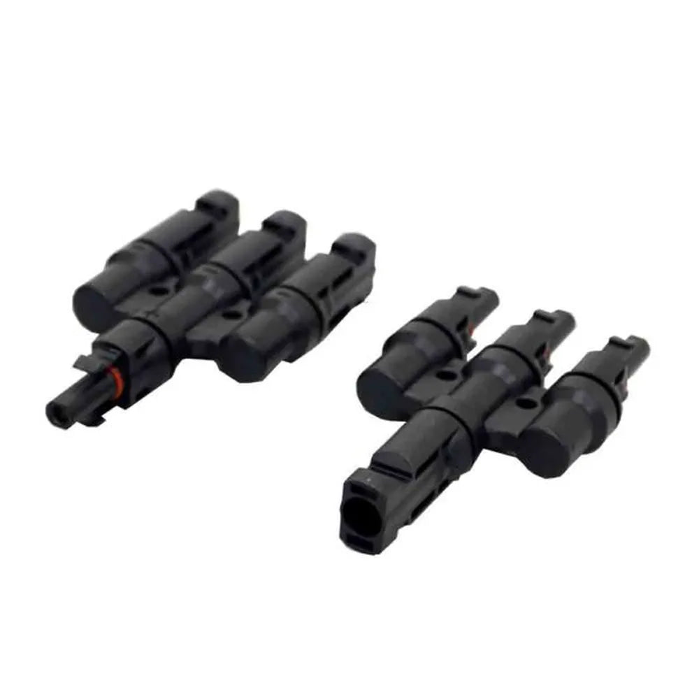 AIMS Power MC4 branch connector pair with black 3-to-1 solar Y adapters on a white background, designed for combining three solar panel leads into one PV cable connection.
