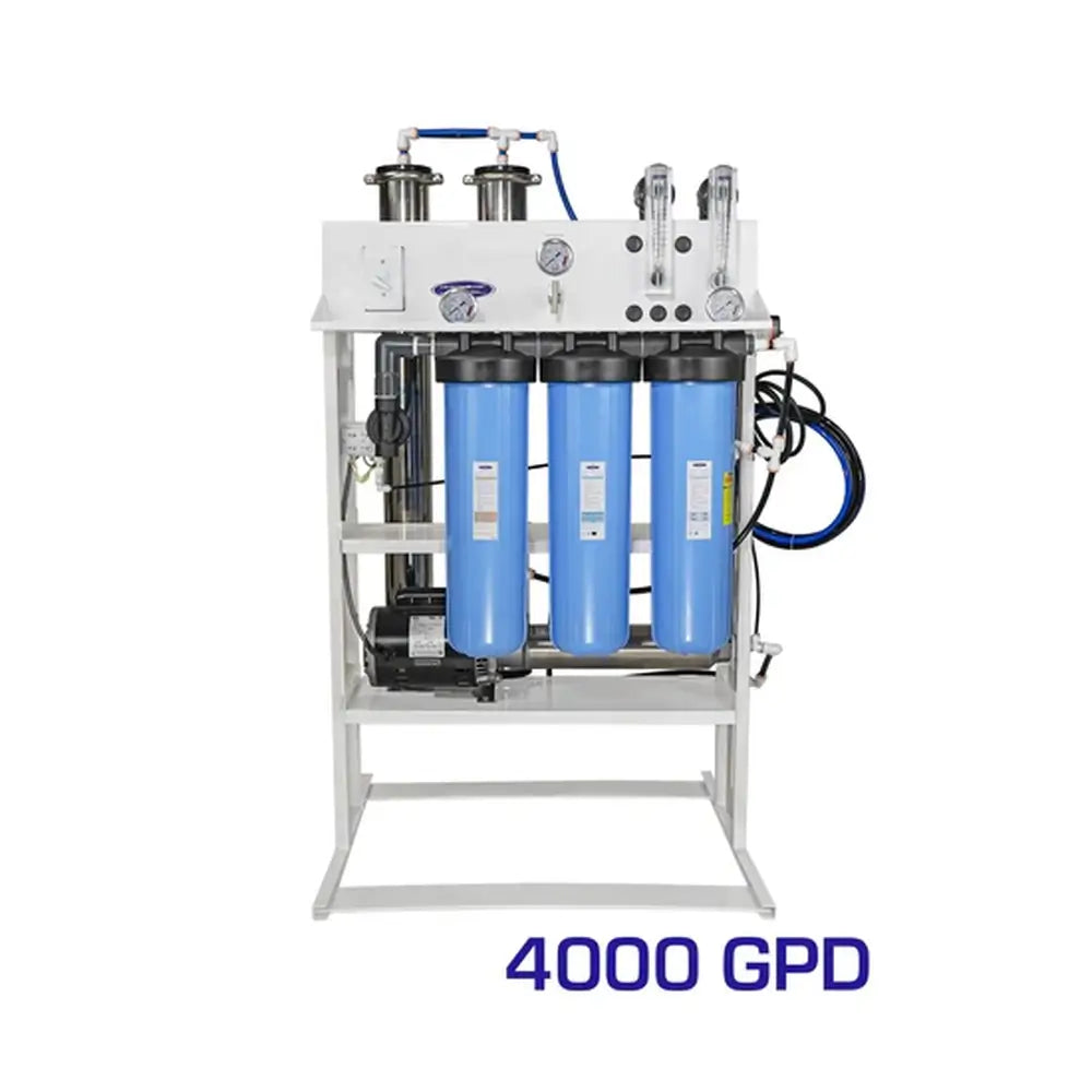 4,000 GPD Crystal Quest whole house reverse osmosis system with triple blue filter housings and dual stainless steel membrane vessels.