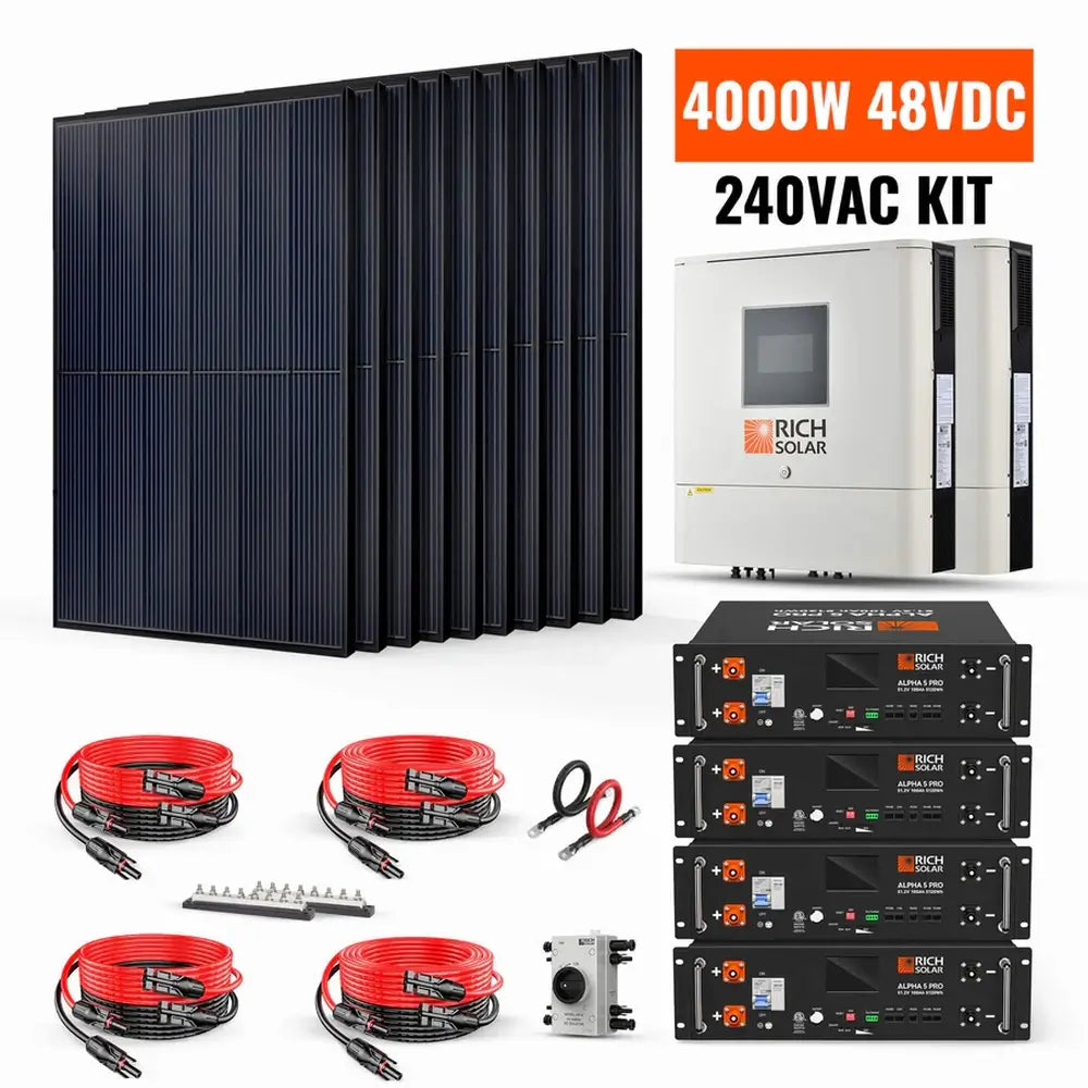 Complete Rich Solar 4000W 48VDC 240VAC off-grid solar power kit package with text label, displaying all premium hardware and wiring accessories.