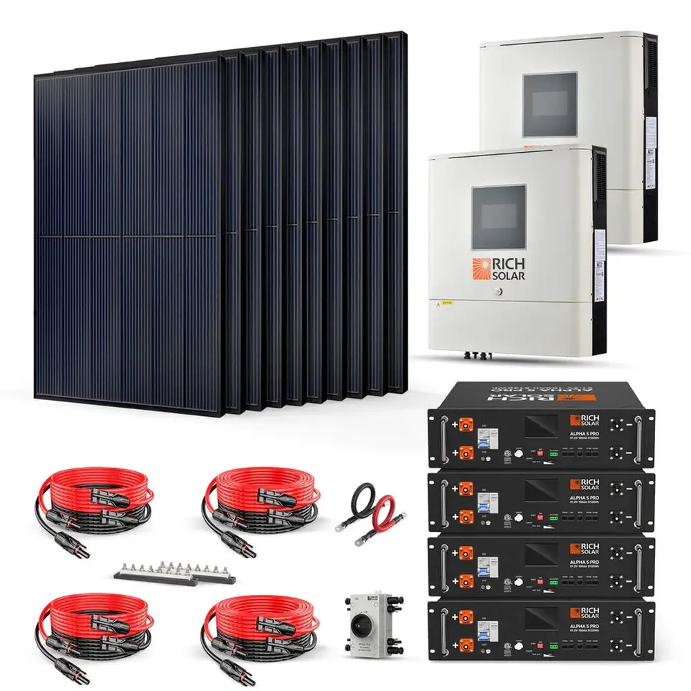 Rich Solar RS-CBK4000240 4000W 240V off-grid solar kit components including 10 solar panels, 2 inverters, 4 server rack batteries, cables, and a DC switch.
