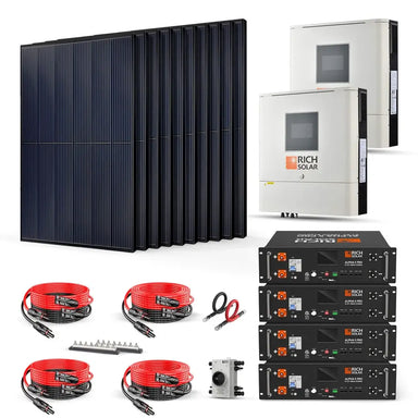 Rich Solar RS-CBK4000240 4000W 240V off-grid solar kit components including 10 solar panels, 2 inverters, 4 server rack batteries, cables, and a DC switch.
