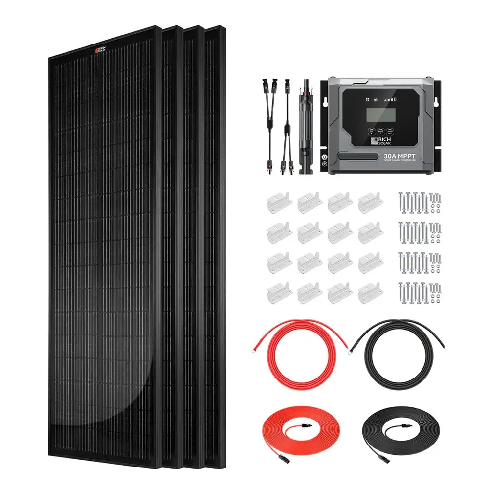 Complete Rich Solar 400W Slim Solar Kit components featuring four slim solar panels, a 30A MPPT charge controller, mounting Z-brackets, and electrical wiring cables.