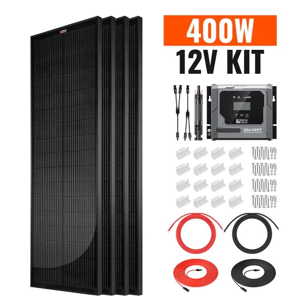 Rich Solar 400W 12V Kit product bundle with four slim solar panels, 30A MPPT controller, mounting hardware, and cables.