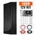 Rich Solar 400W 12V Kit product bundle with four slim solar panels, 30A MPPT controller, mounting hardware, and cables.