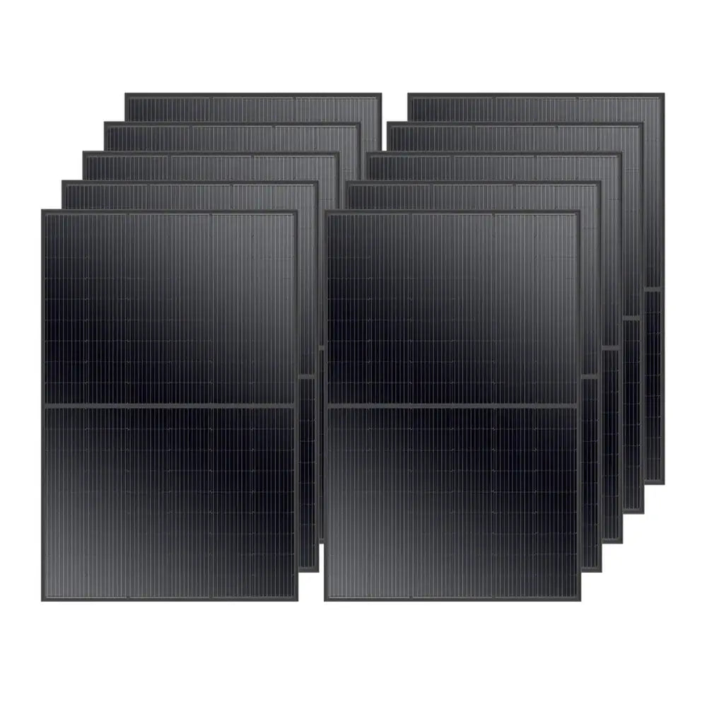 A 10-pack set of Rich Solar MEGA series 410W solar modules organized neatly in a dual-row staggered arrangement.