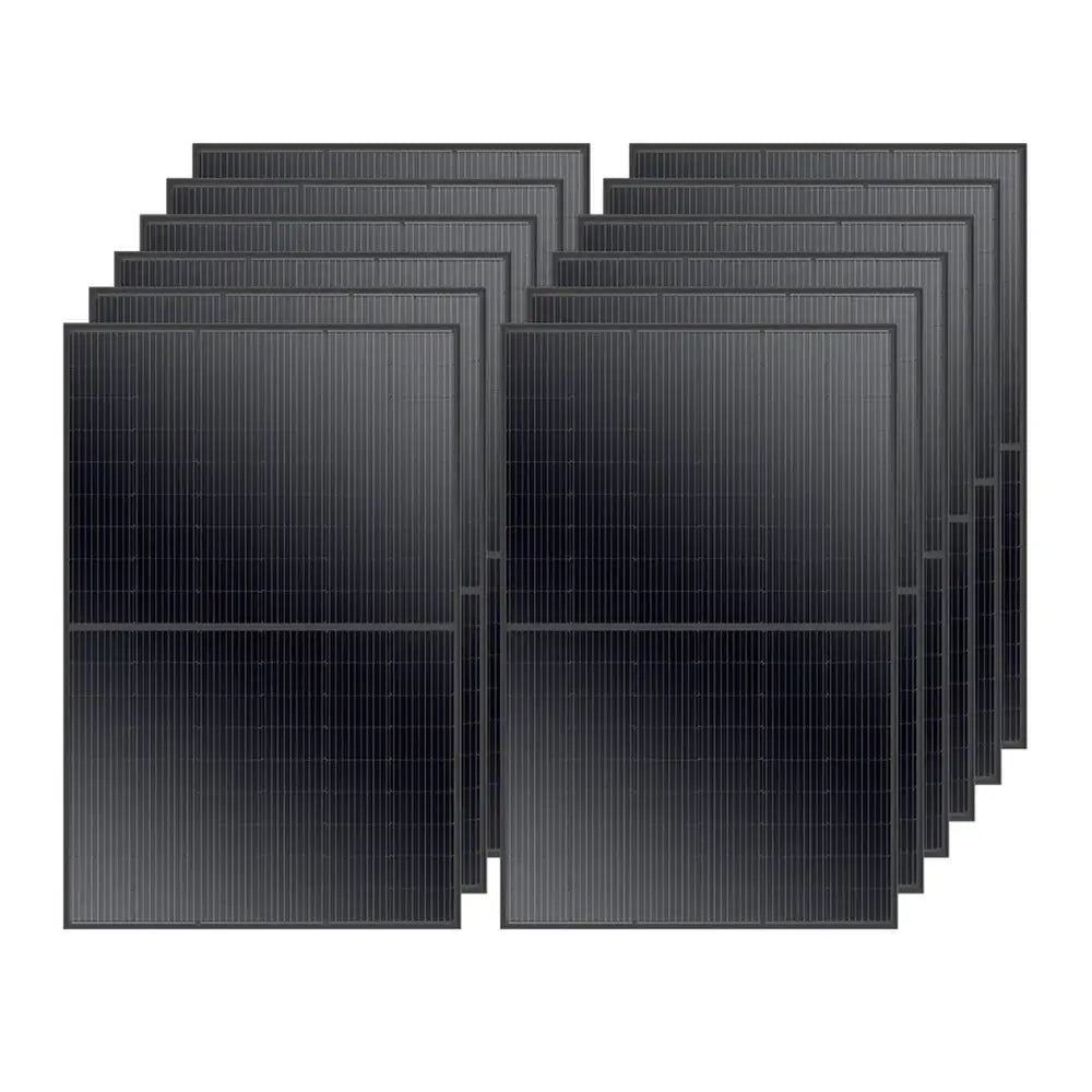 A large wholesale supply of twelve Rich Solar MEGA 410W high-efficiency solar panels arranged symmetrically in two rows.
