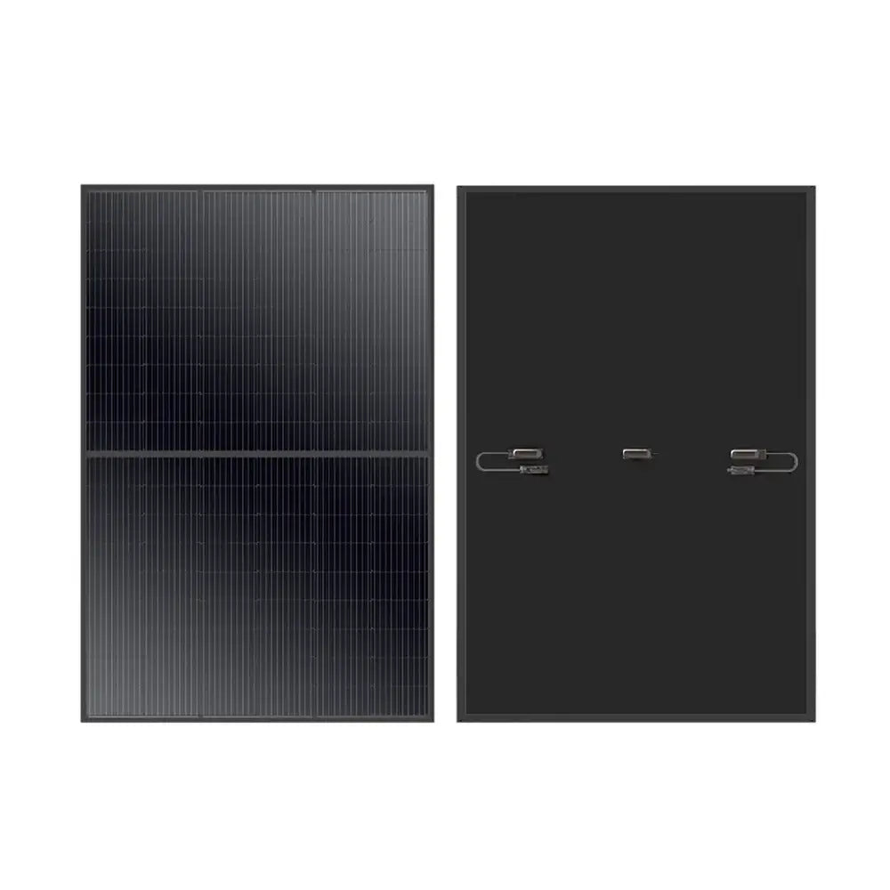 Side-by-side front grid view and black backsheet view of a single Rich Solar MEGA 410W solar panel displaying the split-cell design and wiring components.