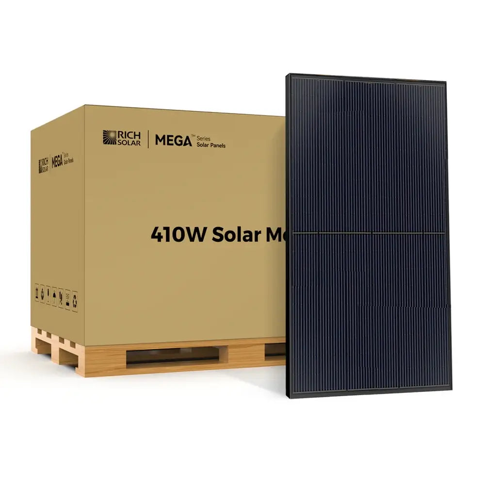 A single Rich Solar MEGA series 410W solar panel standing upright next to its large branded cardboard shipment box on a wooden pallet.