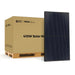 A single Rich Solar MEGA series 410W solar panel standing upright next to its large branded cardboard shipment box on a wooden pallet.