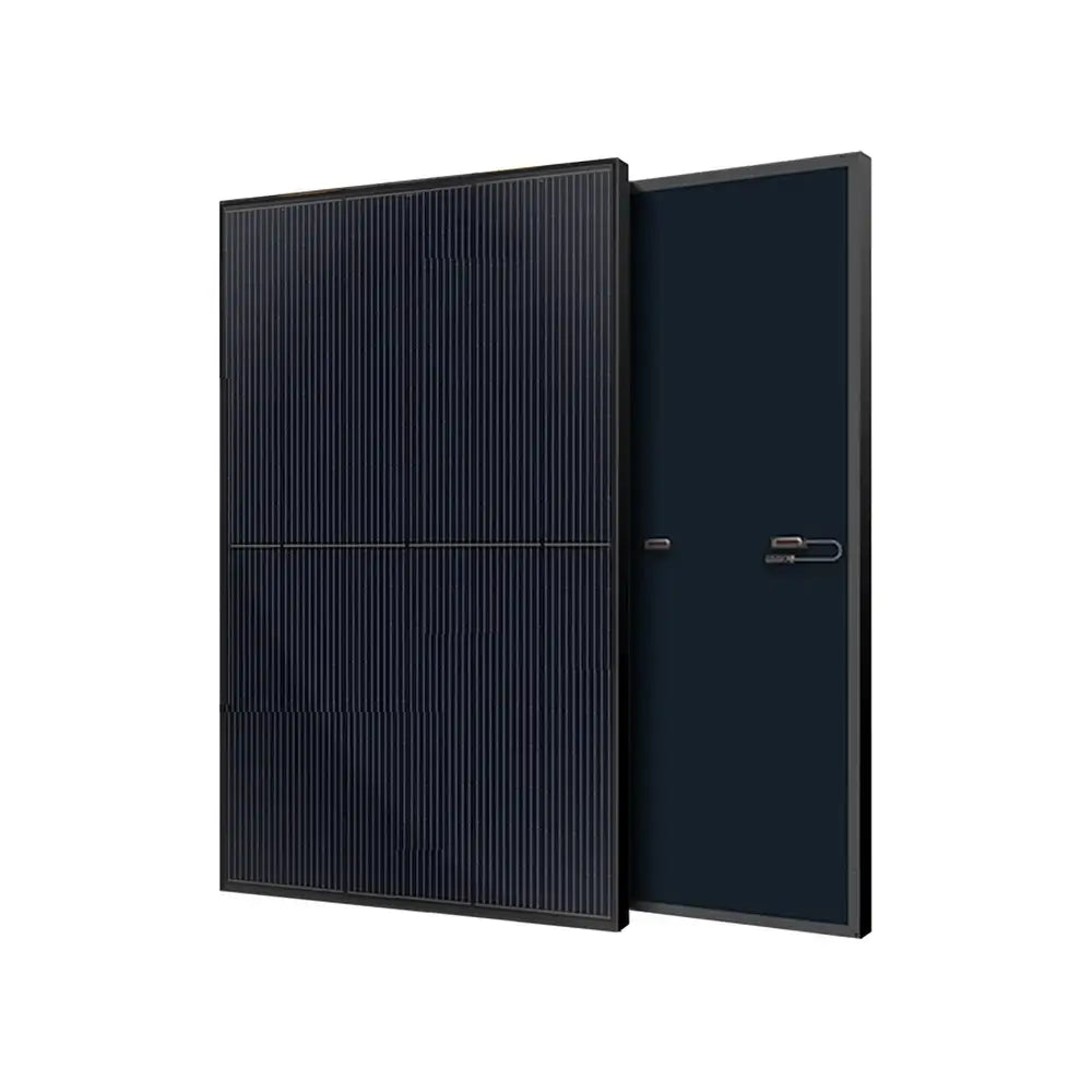Front and back overlapping views of a single Rich Solar MEGA series 410W monocrystalline solar panel, showing the all-black cell layout and rear junction boxes.