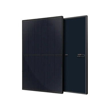 Front and back overlapping views of a single Rich Solar MEGA series 410W monocrystalline solar panel, showing the all-black cell layout and rear junction boxes.