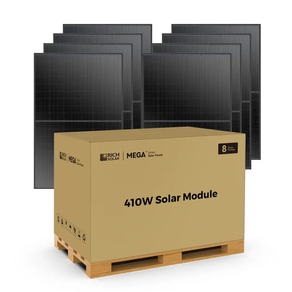 An 8-piece wholesale package of Rich Solar MEGA 410W solar panels displayed with a bulk delivery box on a shipping pallet.