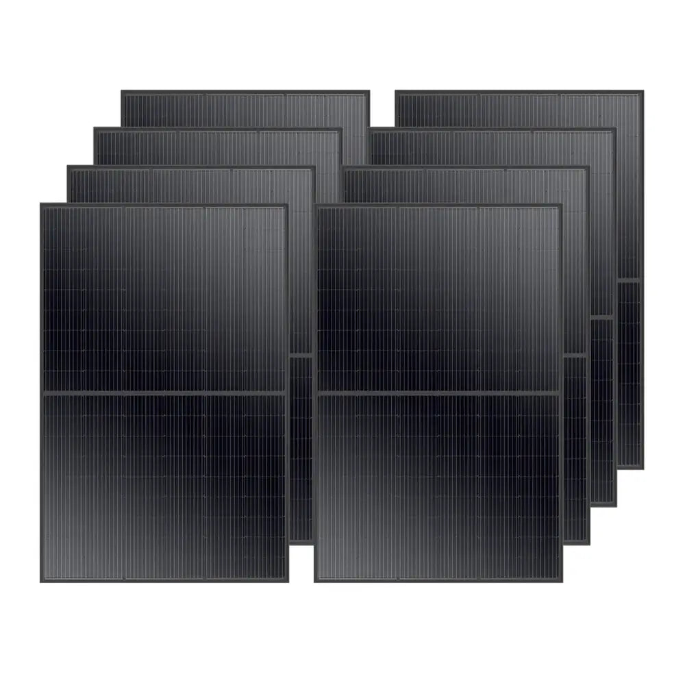 An 8-pack bundle of Rich Solar MEGA 410W all-black solar panels arranged in two staggered, overlapping rows for a bulk kit view.