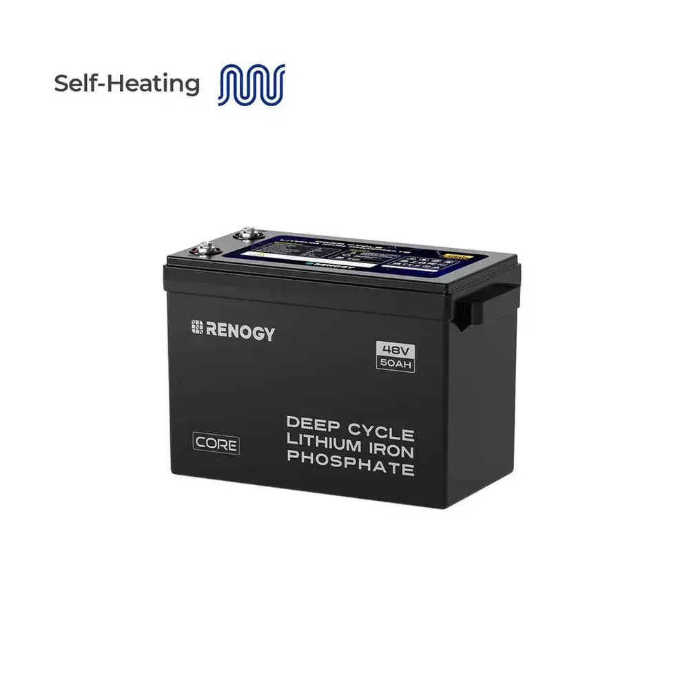 Renogy 48V 50Ah Core Series Deep Cycle Lithium Iron Phosphate battery featuring a self-heating feature icon on a clean white background.