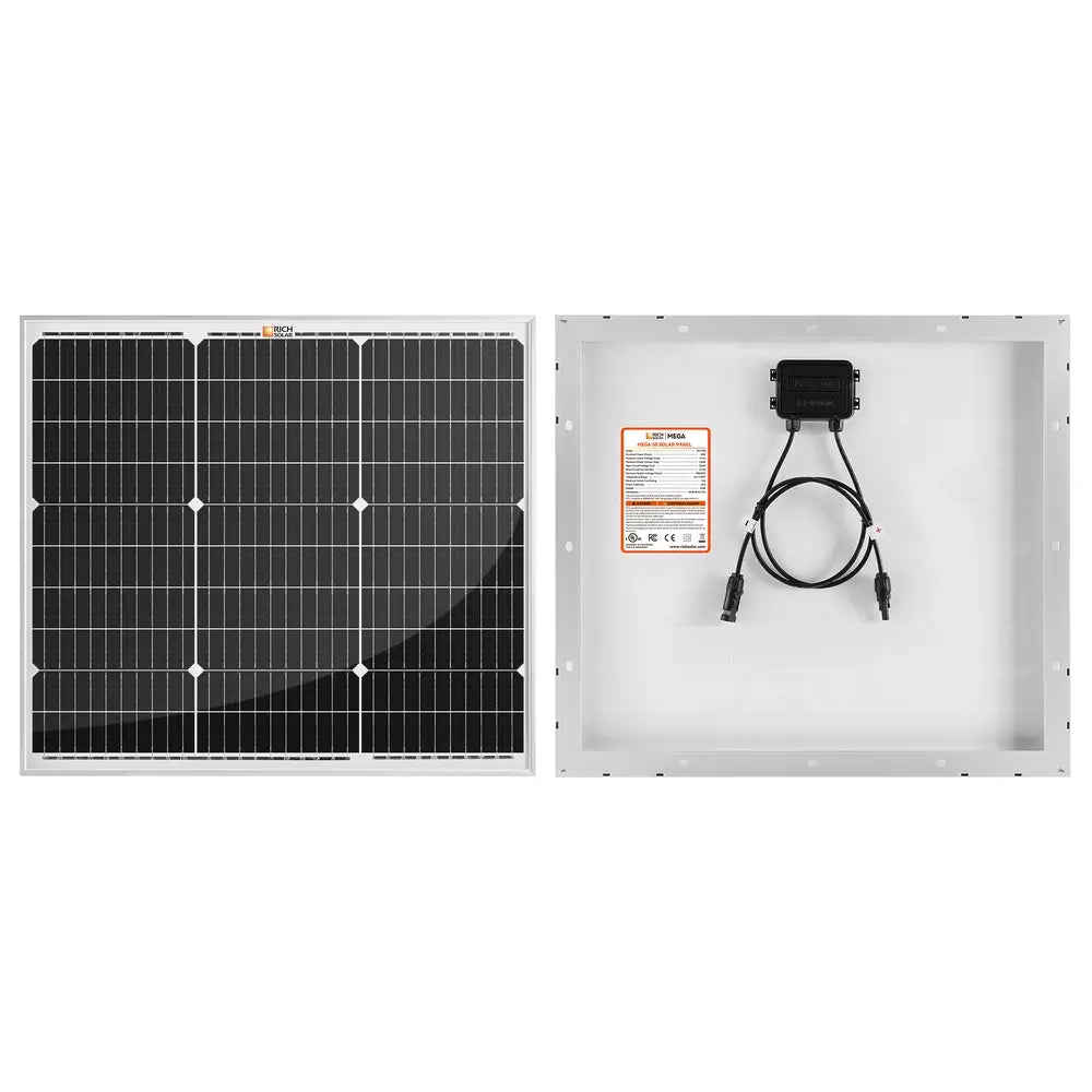 Flat straight-on front and back views of a Rich Solar MEGA 50 watt 12 volt monocrystalline solar panel.