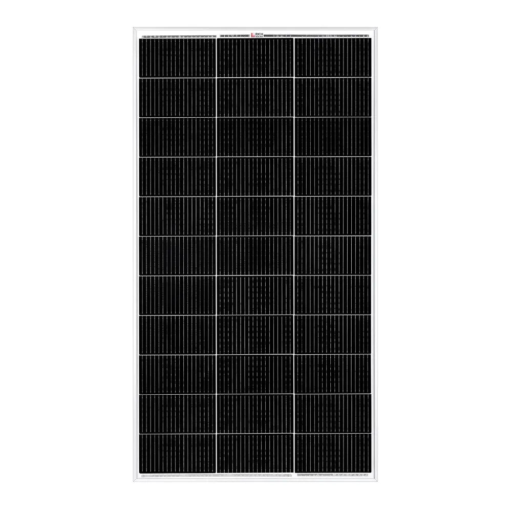 Direct front view of the Rich Solar MEGA 150W monocrystalline solar panel highlighting the cell grid pattern and silver aluminum frame.